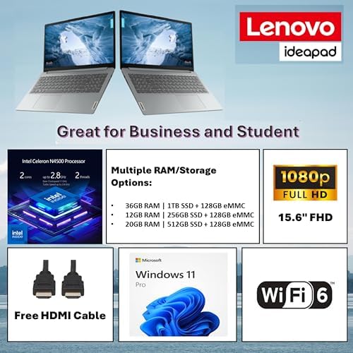 Lenovo IdeaPad 15.6" FHD Laptop for Business and Student, 36GB RAM, 1TB SSD, Intel Dual-core Processor, WiFi6, Bluetooth 5.2, Type-C, HDMI, Cloud Grey, Windows 11 Pro, Z&O Accessories