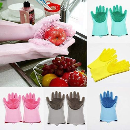Silicone Dishwashing Gloves, Pet Grooming Rubber Scrubbing for Dishes, Sponge Wash Cleaning with Scrubbers (13.6" L)