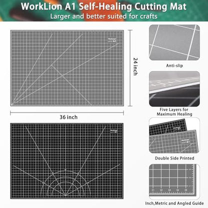 WorkLion Self Healing Cutting Mat 24''x36'': Double-Sided 5-Ply Craft Cutting Board with Grid - Slip-Resistant Large Cutting Mat for Sewing, Fabric,Quilting, Crafts & Hobbies(Grey/Black)