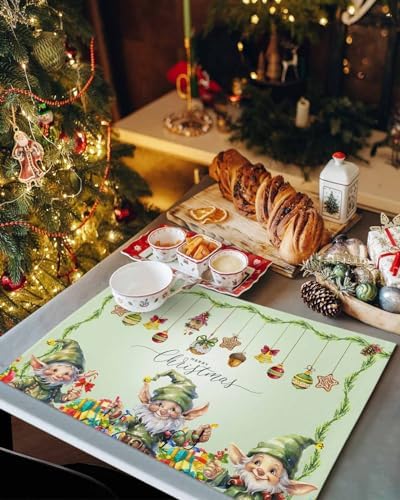 Merry Christmas Placemat 1PC, Green Christmas Gnome Elf Heat Resistant Washable Table Place Mats Xmas Balls Cotton Table Linens Party Holiday Decor for Kitchen Dining Outdoor Indoor
