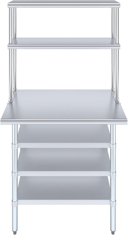 Amgood 24" x 36" Stainless Steel Work Table with 3 Shelves and 12" Wide Double Tier Overshelf | Metal Kitchen Prep Table & Shelving Combo | NSF