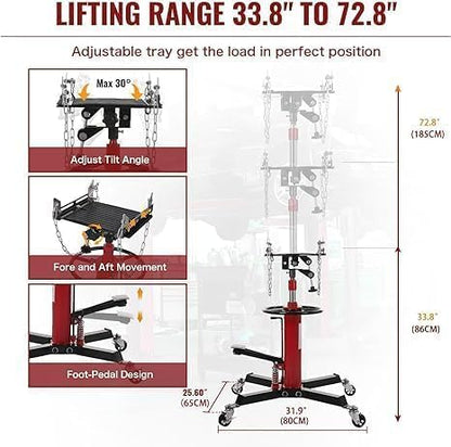 Transmission Jack with Wheels-Hydraulic Transmission Jack with Foot Pedal, 1/2Ton(1322LBS) High Telescoping Lift Jacks 33.8" to 72.8" for Garage and Shop