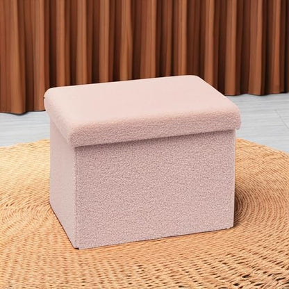 B FSOBEIIALEO Storage Ottoman Cube Small Sherpa Ottoman Foot Rest, Foldable Portable Boucle Ottomans, Faux Teddy Fur, Pink 16.5"x12.6"x12.6"