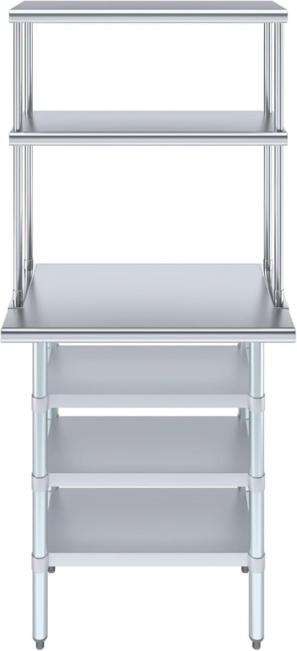 Amgood 18" x 30" Stainless Steel Work Table with 3 Shelves and 12" Wide Double Tier Overshelf | Metal Kitchen Prep Table & Shelving Combo | NSF