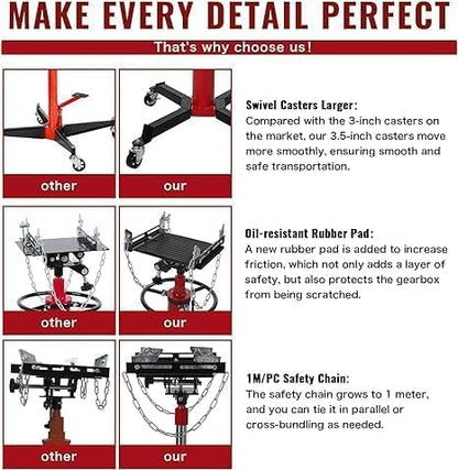 Transmission Jack with Wheels-Hydraulic Transmission Jack with Foot Pedal, 1/2Ton(1322LBS) High Telescoping Lift Jacks 33.8" to 72.8" for Garage and Shop