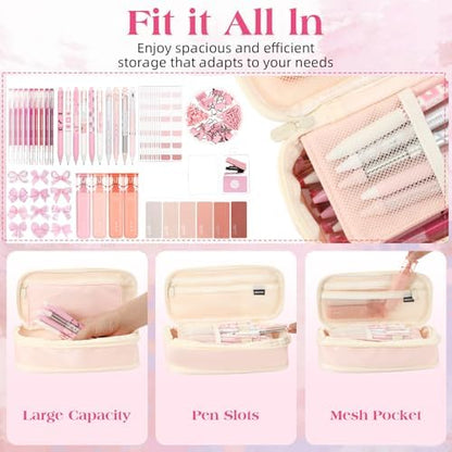 Eersida 58 Pcs Bow School Supplies Set, Pink Pencil Pouch Pens