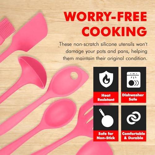 Chef Craft - Premium Silicone Kitchen Tools and Utensils Set, Non-Scratch, Withstands Temperatures up to 450°F, BPA-Free, 7 Piece Cooking Utensils Set, Pink