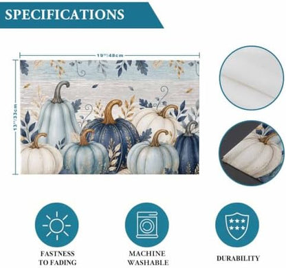 Fall Thanksgiving Placemats Set of 6, Teal Blue White Pumpkin Heat Resistant Washable Dining Table Mats Fall Holiday Farmhouse Decor for Kitchen&Linens Outdoor Indoor, Harvest Autumn Leaves