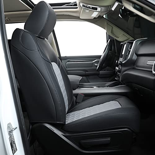 FEELiT for 2019-2025 2026 Ram 1500 CrewCab Waterproof Seat Covers Full Set, CustomFit Ram 1500 Bighorn Laramie Limited Rebel Longhorn TRX Pickup with 4/6 Split Rear Seat (01-Full Set, Black&Gray) - color: Black&Gray, size: Size #1: 2019-2026 Ram 1500 Crew