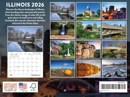 Illinois Calendar 2026 Wall 12 Month Monthly IL Scenic Souvenirs Illinoisan Themed Gifts | American Made In The USA