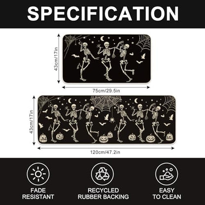 JarThenaAMCS Halloween Skeleton Kitchen Mats Spider Pumpkin Bat Welcome Floor Mat Non-Slip Black Door Rugs for Indoor Outdoor Bathroom, 17 x 29 Inch & 17 x 47 Inch