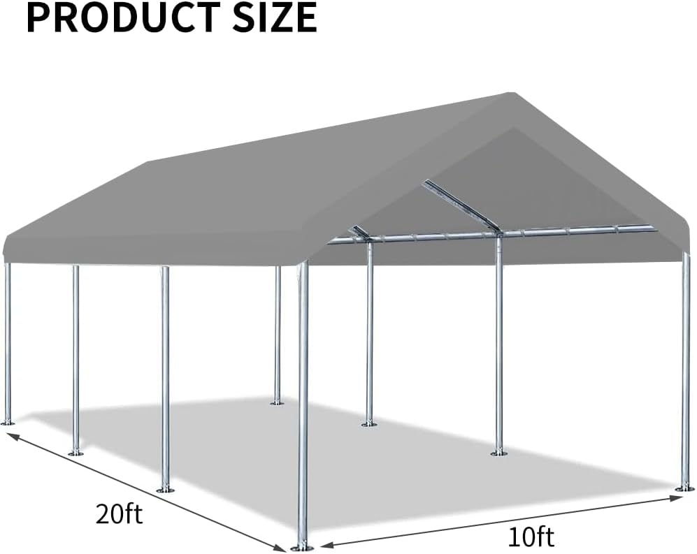 10'x20' Upgraded Carport Replacement Top Canopy Cover for Car Garage Shelter Tent Party Tent with Ball Bungees Grey (Only Top Cover, Frame is not Included)
