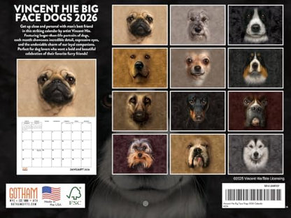 Vincent Hie Big Face Dog Calendar 2026 Monthly Wall Calender 12 Month | American Made In The USA