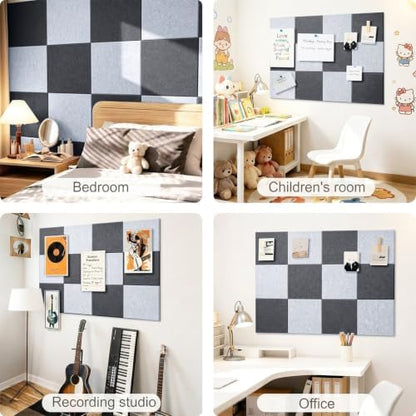 0.47" Thick Felt Pin Board 36"x24" Large Cork Board Alternative 6 Pack 11.81"x11.81"Felt Bulletin Board Wall Tiles Notice Board with 30 Pushpins for Home Office School(Silver&Dgrey)