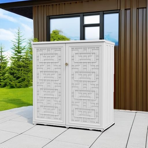 KINYING Outdoor Storage Cabinet Waterproof, Resin 60 Gallon Deck Box for Patio Furniture Cushions, Garden Tools, Pool Tools and Kids’ Toys (Off White with 1 Shelving)