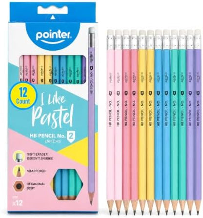 Pointer Pastel HB Pencils with Soft Eraser, Hexagonal Body, Pre-Sharpened, Assorted Colors, 12 Count