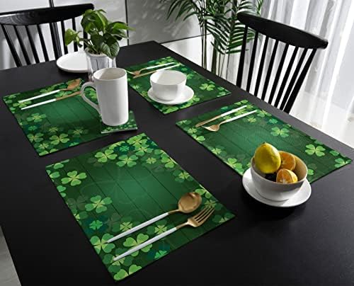 St. Patrick's Day Lucky Clovers Placemats Set of 6, Rustic Vintage Farm Wood Cotton Linen Heat Resistant Table Mats Washable Spring Holidays Decorations for Kitchen Dining Table Green Spring Holiday