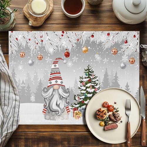 Christmas Gnome Placemats Set of 6, Winter Merry Christmas Tree Balls Heat Resistant Washable Table Place Mats Grey Cotton Table Linens Party Holiday Decor for Kitchen Dining Outdoor Indoor