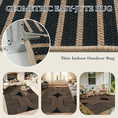 Lahome Modern Geometric 5x7 Outdoor Rug, Easy Jute Black Patio Rug