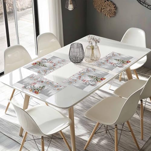 Christmas Gnome Placemats Set of 6, Winter Merry Christmas Tree Balls Heat Resistant Washable Table Place Mats Grey Cotton Table Linens Party Holiday Decor for Kitchen Dining Outdoor Indoor