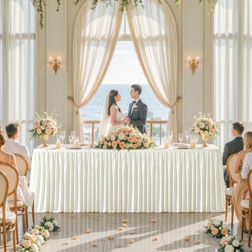 Wish Care 21ft Ivory Satin Long Table Skirt for Rectangle Tables Wrinkle Free Teacher Desk Skirt Glitter Ruffle Table Skirting Cloth for Back to School Classroom Office Birthday Party Table Decor