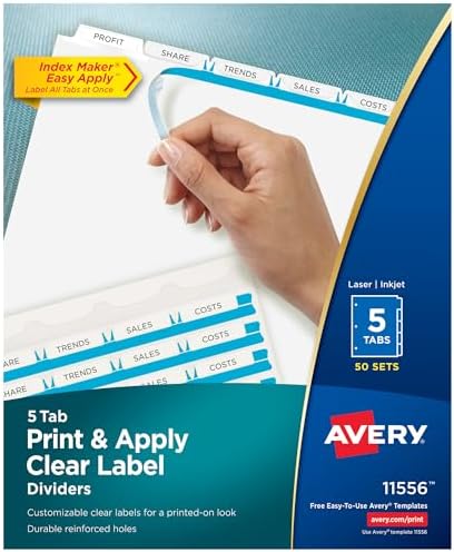 Avery 5 Tab Dividers for 3 Ring Binder, Easy Print & Apply Clear Label Strip, Index Maker Customizable White Tabs, 4-Pack of 50 Sets, 200 Sets Total (11556)