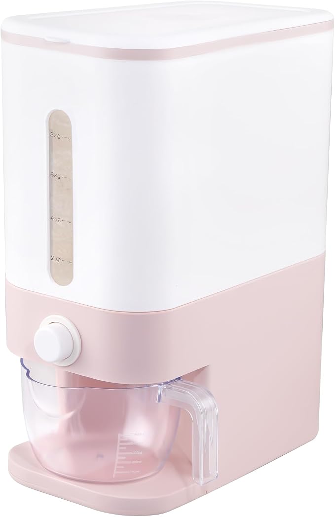 Rubtlamp 22.5-25 Lbs Pink Rice Dispenser, Rice Storage Container, Pink Rice Storage Container with Measuring Cup, Rice Holder Bucket for Household Kitchen Rice Soybean Corn