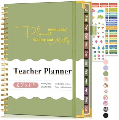 Teacher Planner 2026-2027, July 2026 - June 2027, Academic Weekly & Monthly Calendar Planner with Tabs, 8.5" x 11" A4 Teacher Lesson Plan Book with 7 Periods, Daily Agenda School Organizer for Teacher Student Homeschool, Green
