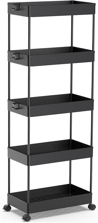 SPACEKEEPER 5-Tier Rolling Cart, Bathroom Storage Organizer Utility Cart, Mobile Shelving Unit Slide Out Shelves for Kitchen Living Room Laundry Room & Dressers, Black