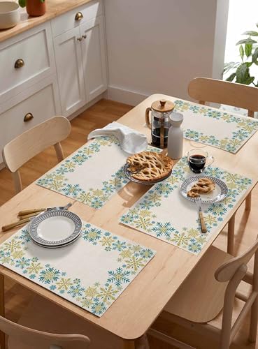 Gold Blue Snowflakes Christmas Placemats Set of 6, Winter Xmas Holiday Heat Resistant Washable Table Place Mats Beige Cotton Table Linens Party Holiday Decor for Kitchen Dining Outdoor Indoor