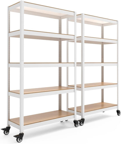 HOMEDANT House White 5-Tier Metal Rolling Cart Shelf Rack Casters Heavy Duty Wheel Shelving Unit Adjustable Utility Storage Shelves Organizer Shelf Kitchen Garage 36.2" W x 16.5" D x 69.5" H 2Pack