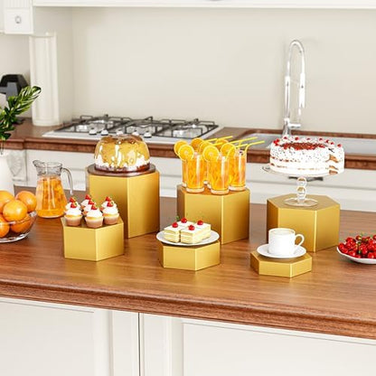 Metal Buffet Risers,6PCS Hexagonal Jewelry Display Risers 2.76 in to 4.02 in Market Display Stands Metal Showcase for Catering Dessert Figures Decoration (Gold, 2.76IN to 4.02IN)