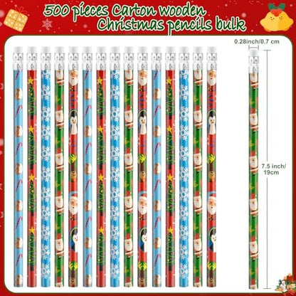 Zuazaor 500 Pieces Christmas Pencils With Erasers in Bulk - Cute Wooden Pencils for Office School Supplies and Kids (Christmas)