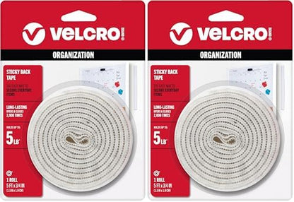 VELCRO Brand 5 Ft x 3/4 in | White Tape Roll with Adhesive | Cut Strips to Length | Sticky Back Hook and Loop Fasteners | Perfect for Home, Office or Classroom (Pack of 2)