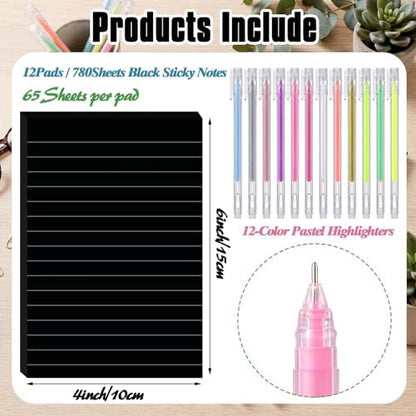 Yinder 24 Pcs Black Sticky Notes 4 x 6 Inch with Metallic Marker Pens