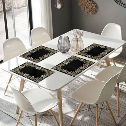 Gold White Snowflakes Chriatmas Placemats Set of 4, Winter Xmas Holiday Heat Resistant Washable Table Place Mats Black Cotton Table Linens Party Holiday Decor for Kitchen Dining Outdoor Indoor