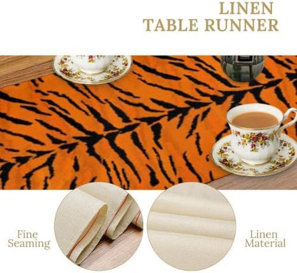 Vintage Tiger Print Table Runner, Rustic Cottage Country Farm Animal Fur Skin Pattern Western Style Black Brown Print Dinner Runner for Home Kitchen Dining Table Decoration 13x60 Inch