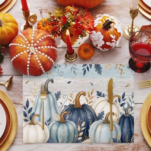 Fall Thanksgiving Placemats Set of 6, Teal Blue White Pumpkin Heat Resistant Washable Dining Table Mats Fall Holiday Farmhouse Decor for Kitchen&Linens Outdoor Indoor, Harvest Autumn Leaves