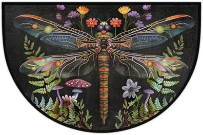 Dragonfly Mushroom Flower Half Round Door Mat Non Slip Washable Semi Circle Area Rug Absorbent Soft Half Moon Rug Floor Mat for Indoor Outdoor Kitchen Bathroom Patio Front Door Mat Decor
