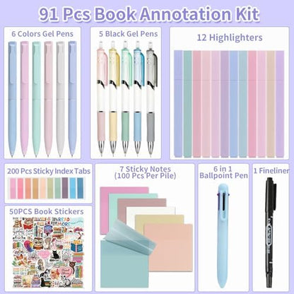 91 Pcs Book Annotation Kit, Aesthetic Pens and Highlighters Set, Transparent Sticky Notes for annotating, Sticky Tabs for Books, Reading Book Stickers for Book Lover, Bible Study Supplies Bookworm