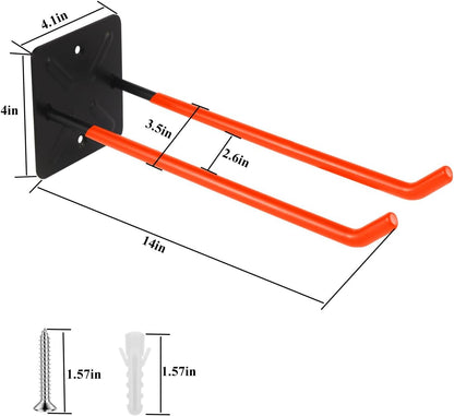 Steel Garage Storage Hooks Wall Tool Organizer, 14 Inch Garage Hook Heavy Duty Utility Storage Hangers Orange for Ladders, Chairs, Garden Tools, Set of 4