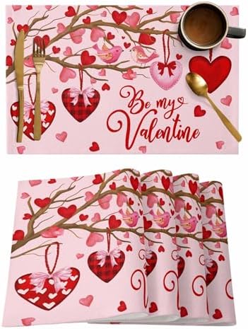 Pink Valentine's Day Placemats Set of 6, Red Love Heart Tree Heat Resistant Washable Table Mats Be My Valentine Cotton Table Linens Party Holiday Decor for Home Kitchen Dining Table Outdoor Indoor