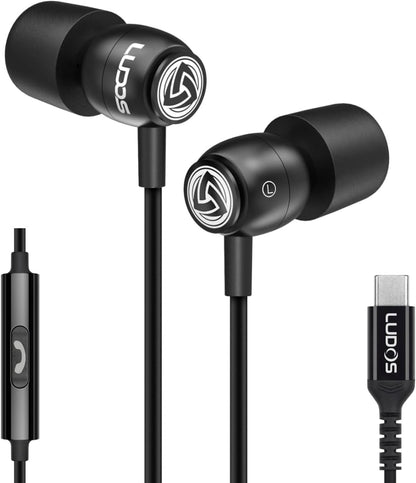 LUDOS Clamor USB C Headphones for iPhone 17 16 15 Pro Max Plus Air iPad Pro, 5 Years Warranty, USB-C Earbuds for Samsung Galaxy S24 S23 Ultra S22 S21 FE S20 A55 A54 A53, USB Type C Earphones - Black