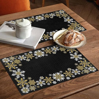 Gold White Snowflakes Chriatmas Placemats Set of 4, Winter Xmas Holiday Heat Resistant Washable Table Place Mats Black Cotton Table Linens Party Holiday Decor for Kitchen Dining Outdoor Indoor