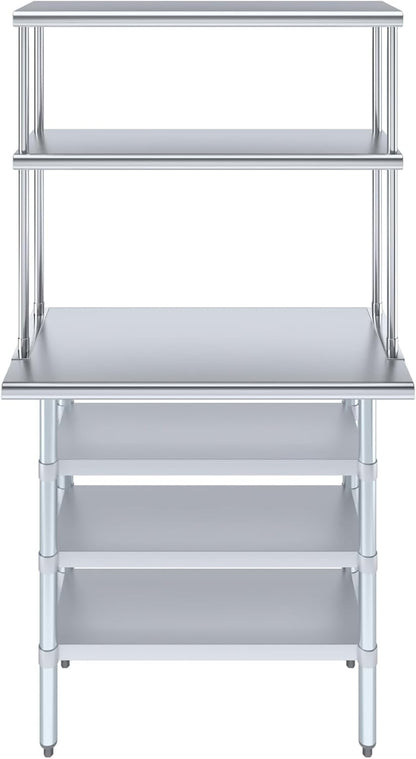 Amgood 18" x 36" Stainless Steel Work Table with 3 Shelves and 12" Wide Double Tier Overshelf | Metal Kitchen Prep Table & Shelving Combo | NSF