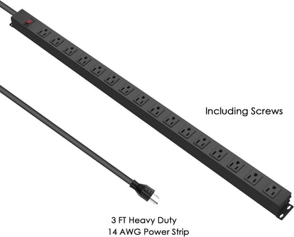 HHSOET Metal Wall Mount Power Strip, 16 Outlets, 3 FT SJT 3/C 14AWG Power Cord, 15A 125V 1875W, Black