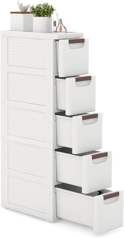 LOKO 5-Drawer Narrow Storage Cabinet, Slim Rolling Cart, Mobile Plastic Cart Container with Pull Handles, Built-in Wheels, for Living Room, Kitchen, Bathroom, Office (7.5"x16.5"x36" (5 Drawer))