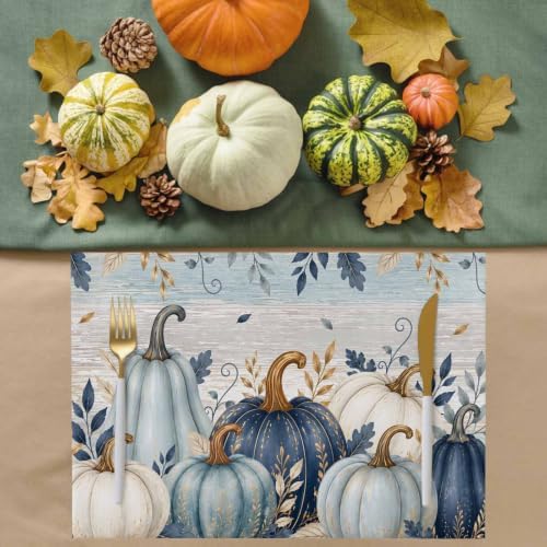 Fall Thanksgiving Placemats Set of 6, Teal Blue White Pumpkin Heat Resistant Washable Dining Table Mats Fall Holiday Farmhouse Decor for Kitchen&Linens Outdoor Indoor, Harvest Autumn Leaves