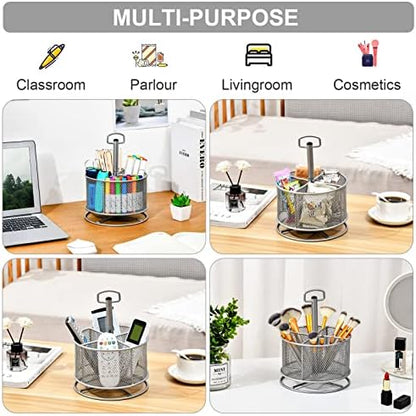 Marbrasse Mesh Desk Organizer, 360-Degree Rotating Multi-Functional Pen Holder, 4 Compartments Desktop Stationary Organizer, Home Office Art Supply Storage Box Caddy (silver)