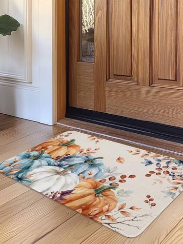 Fall Door Mat Orange Blue Pumpkin Doormat Autumn Floral Maple Leaves Harvest Thanksgiving Welcome Mat Non Slip Rubber Entryway Front Rug Floor Mat for Indoor Outdoor Kitchen Autumn Holiday Decor 18x30